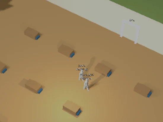 Top-down view of a classroom with desks and two avatars.