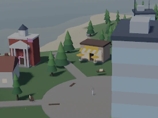 Midday view of the settlement: a brick school, a shop with an awning, an office tower and a house around a plaza, with pine trees and an avatar on the path.