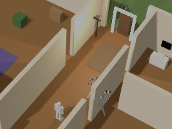 Top-down view into a furnished home with wooden floors, interior walls, a doorway, a desk and two avatars.