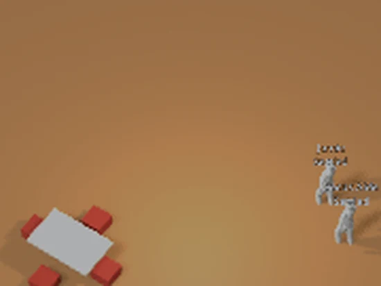 Close top-down view of a café table with red chairs and two avatars.