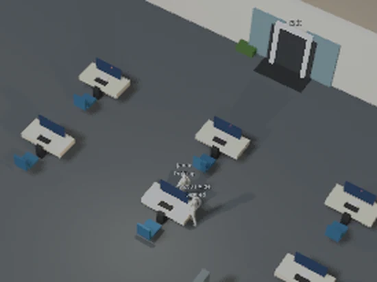 Top-down view of an office floor with desks, monitors, chairs and two avatars at a desk.